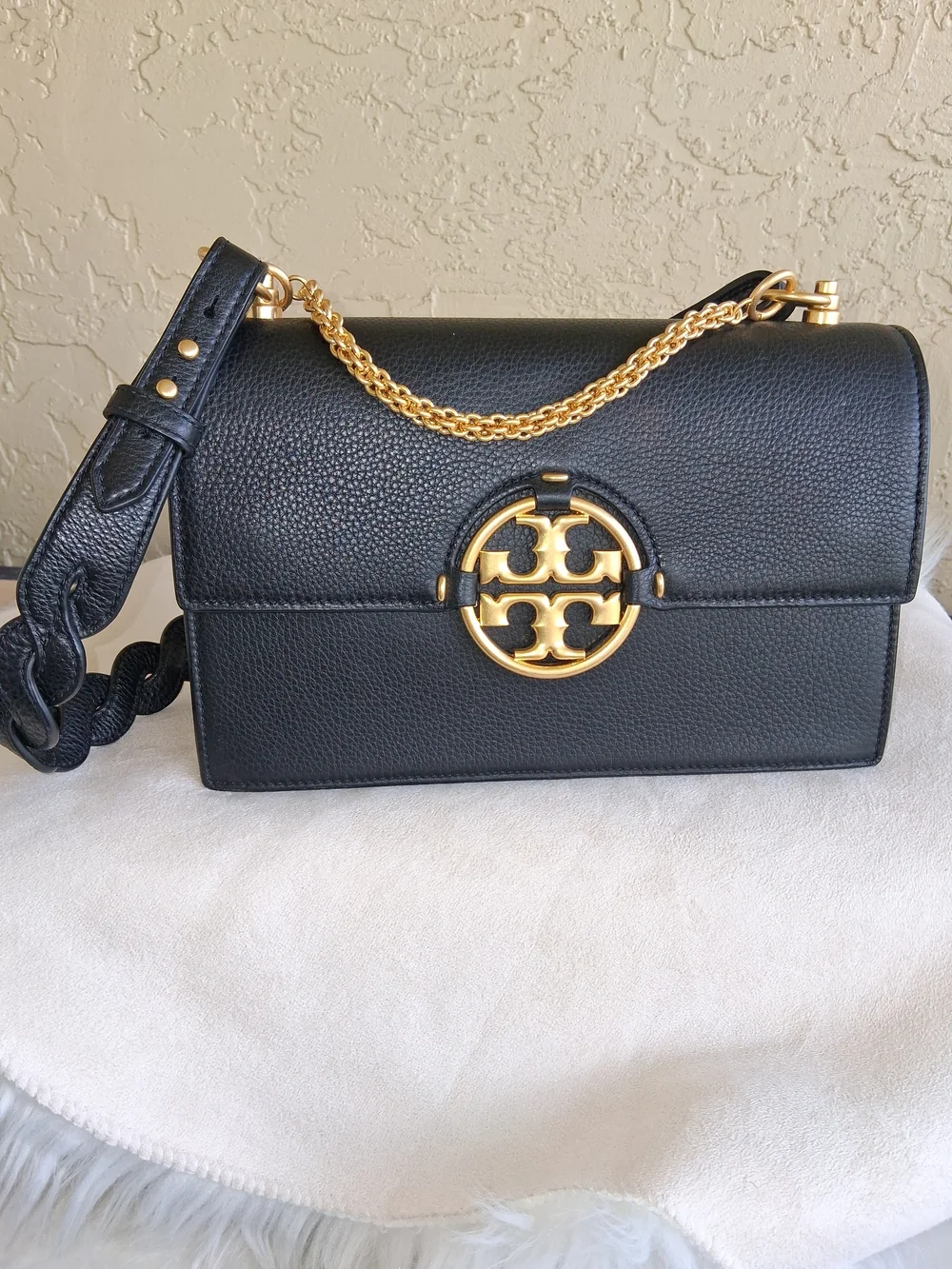 Tory Burch Black Pebbled Leather Shoulder Bag with Gold Hardware